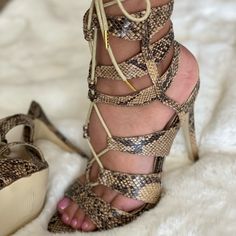 Brand New Never Worn Comfortable 4 1/2 Inch Heel Beautiful On Beige Strappy Heels For Vacation, Strappy Beige Heels For Vacation, Fitted Beige Heels For The Beach, 2 Inch Heels, Lace Up Sandals, Shoe Box, Snake Skin, Shoes Women Heels, Shoes Heels