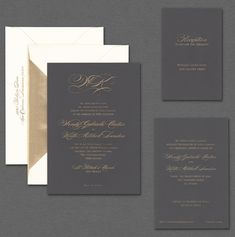 the wedding stationery is shown in gold and black, along with two matching envelopes