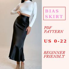 a woman wearing a white top and black skirt with text overlay that reads, bias skirt pattern us 0 - 22 beginner friendly