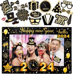 new year's eve photo booth with gold and black decorations, balloons, and confetti