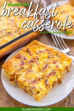 breakfast casserole on a white plate with a fork next to it and the title overlay reads baked out breakfast casserole chees