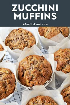 zucchini muffins on a cooling rack with text overlay