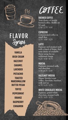 a menu for a coffee shop on a chalkboard with the words flavor groups written below it