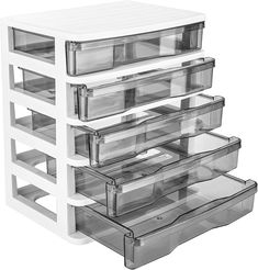 three drawers stacked on top of each other with clear plastic containers in the bottom drawer