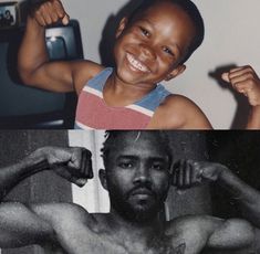 two different pictures of a young man flexing his muscles and smiling at the camera