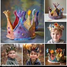 several photos of children's crowns made out of wool and felt, including one with flowers