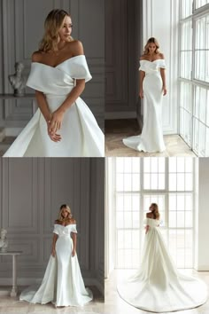 a woman in a white wedding dress standing next to a window