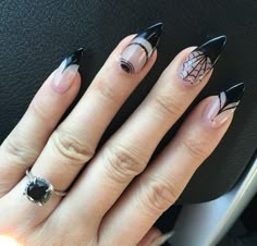 Ongles Goth, Web Nails, Black Nails With Glitter, White Tip Nails, Black Coffin Nails, Witchy Nails, Toe Nail Color