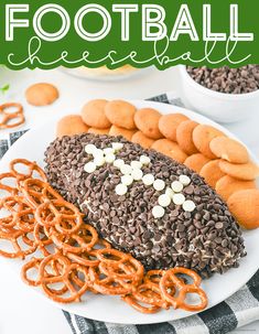 a plate with cookies, pretzels and football on it