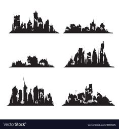 black and white silhouettes of city skylines in different shapes, sizes and colors