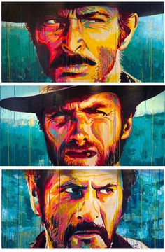 three paintings of the same man with different facial expressions, each painted in different colors