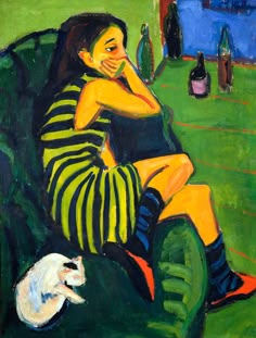 a painting of a woman sitting on a couch next to a cat and wine bottles