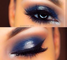 Love this navy blue and silver with brown in crease and highlight on brow bone Wedding Eye Makeup For Bride, Halo Eyes, Blue Makeup Looks, Silver Makeup, Prom 2023, Holiday House