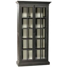 a tall wooden cabinet with glass doors on the top and bottom shelves in dark wood