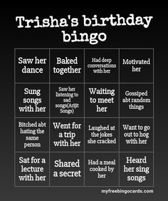 Trisha's birthday bingo 40th Birthday Quiz, Birthday Bingo For Adults, Birthday Bingo Free Printable, Birthday Bingo Template, 30th Birthday Activities, Enchanted Birthday, Journaling Spreads, Birthday Bingo, Birthday Disco