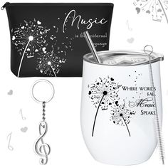 a wine glass and keychain are shown with music notes on the side, along with a note holder