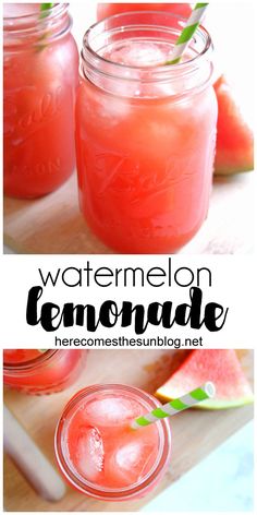 watermelon lemonade in mason jars on a cutting board