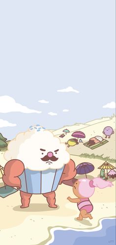 a cartoon character holding up a cupcake on the beach with other characters in the background