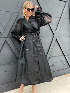 Organza Trench Coat-Black - Infinity Raine Organza Trench Coat, Sheer Coat, Trench Coat Black, Sheer Fabric, Sheer Fabrics, The Chic, Lapel Collar, Black Media, Puff Sleeves