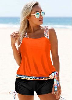 Size:S;Size:M;Size:XXL;Color:Coral Orange;Composition:82% Polyester, 18% Spandex;Decoration:Bowknot;Occasion:Beach;Pattern Type:Tribal;Bottom Type:Shorts;Style:Vacation;Season:Summer;Color Scheme:Orange;Washing Instructions:Hand Wash;Bra Style:Padded;Package Contents:1 X Top , 1 X Shorts;Strap Style:Unadjustable;Pad Style:Removable;Support:Wire Free; Purple Bras, Lovely Tops, Tankini Set, Coral Orange, Swimsuit Fashion, Printed Ties, Bra Styles, Swim Dress, Patterned Shorts