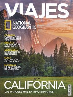 the front cover of a magazine with mountains in the background and trees on the side