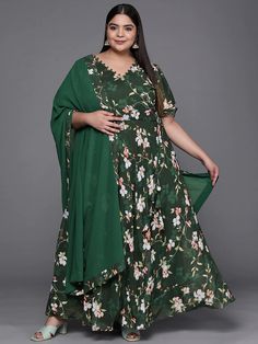 Colour: green and off whiteFloral printedV-neckShort, puff sleevesA-line shape with angrakha styleAnkle length with flared hemMachine weave regular georgette Instapot Salsa, Chicken With Risotto, Kurta With Dupatta, Georgette Kurta, Salsa Verde Chicken, Angrakha Style, Designer Anarkali Suits, Designer Anarkali, Anarkali Suit