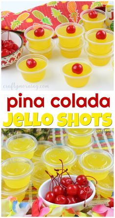 pine colaa jello shots with cherries in plastic cups and on the table