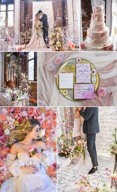 a collage of wedding photos with pink flowers