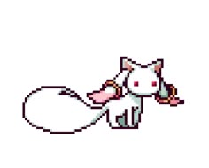 a pixelated image of a white cat with a pink ribbon around its neck and tail