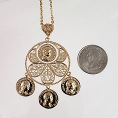 Unleash your inner goddess with our Roman Coin Filigree Pendant! This iconic piece features an ancient circle coin, symbolizing strength and power. Complete the boho chic look with the included 30" chain. Elevate your style and embrace the beauty of the past. Limited stock available! Ancient Style Yellow Gold Necklace With Coin Pendant, Ancient Style Coin Pendant Medallion Necklace, Spiritual Coin-shaped Jewelry With Large Pendant, Bohemian Coin-shaped Metal Necklace, Antique Coin-shaped Necklaces For Ceremonial Occasions, Roman Coins, Inner Goddess, Filigree Pendant, Pendant Rings