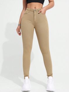 Women's Casual Simple Solid Color Side Pocket Skinny Jeans, Autumn Brown Casual   Denim Plain Skinny High Stretch  Women Clothing, size features are:Bust: ,Length: ,Sleeve Length: Khaki School Pants, Fitted Full-length Khaki Bottoms, Beige Tight High-waisted Pants, Fitted Full-length Khaki Jeans, Fitted Beige Bottoms From H&m, Khaki High Waist Non-stretch Jeans, School Pants, Tan Jeans, Khaki Jeans