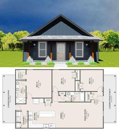 the floor plan for a two bedroom house with an attached bathroom and living room area