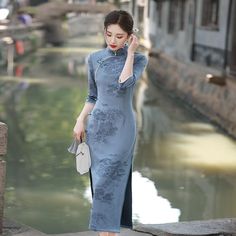 Floral pattern, suede fabric long Cheongsam#qipaodress #chinesedress#cheongsamdress Modern Qipao, Qipao Dress, Standing Collar, Cheongsam Dress, Dress Shoes Womens, Suede Fabric, Hip Dress, Cheongsam, Dress Romper