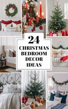 christmas bedroom decor ideas with candles and presents on the bed, wreaths and other decorations