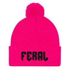 Pom Beanie, Embroidered Design, Neon Pink