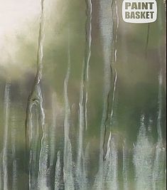 an abstract painting of trees and water with the words paint basket on it's side