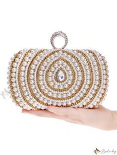 Bird in Bag - Elegant Glitter and Pearl Embellished Evening Bags with Rhinestone Chains - Perfect for Party Events, Gift for Fashionable Women - Features Finger Ring Clutch, Handcrafted Diamonds Purse, and Coordinated Jewelry Sets including Necklace, Bracelet, and Earrings Gold Pearl Clutch For Parties, Party Embellished Pearl Evening Bag, Gold Pearl Party Clutch, Party Gold Pearl Clutch, Rectangular Metal Jewelry For Parties, Gold Pearl Evening Bag For Events, Formal Gold Clutch With Pearl Material, Gold Pearl Evening Bag, Glamorous Embellished Jewelry Gift