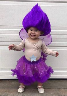 purple-troll-doll-halloween-costume-for-kids Troll Doll Halloween Costume, Troll Doll Costume, Cupcake Halloween Costumes, Troll Halloween Costume, Doll Fancy Dress, Crafty Morning, Fairy Halloween Costumes