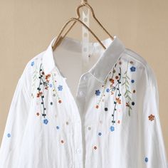 Women's Ethnic Floral Shirts Embroidery Floral Shirts Cotton Button-up Blouse With Floral Embroidery, Cotton Long Sleeve Blouse With Floral Embroidery, Casual Long Sleeve Shirt With Floral Embroidery, White Long Sleeve Bohemian Shirt, Long Sleeve Tops With Geometric Embroidery For Summer, Long Sleeve Cotton Shirt With Intricate Embroidery, Cotton Long Sleeve Shirt With Intricate Embroidery, Summer Long Sleeve Top With Chikankari Embroidery, Summer Long Sleeve Chikankari Embroidered Top