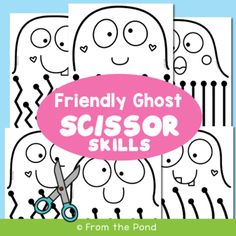 three coloring pages with the words friendly ghost scissor skills