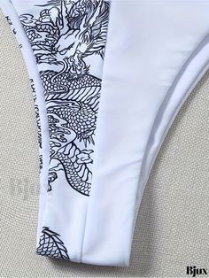 Bjux - Chinese Dragon Loong Print Patchwork Bikini Set - Elegant White Two-Piece, featuring Halter Triangle Top and Stretchy Spaghetti Strap Bottoms, Womens Swimwear & Clothing White Printed Tankini For Sunbathing, White Printed Tankini For Pool, White Printed Tankini For Beach Season, White Printed One-piece Tankini, Stretch White Printed Tankini, White Stretch Printed Tankini, White Printed Stretch Tankini, White Two Piece, Chinese Dragon