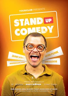 a man with glasses making a funny face in front of a stand up comedy sign