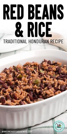 red beans and rice in a white casserole dish with the title above it