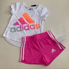 New 2 Pieces Included Adidas Cotton Shorts For Spring, Adidas Pink Shorts For Spring, Casual Adidas Sets For Spring, Adidas Pink Sets For Spring, Sporty Playtime Sets For Spring, Sporty Multicolor Shorts For Playwear, Casual Pink Shorts For Playtime, Adidas Pink Spring Set, Adidas Pink Cotton Sets