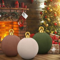 christmas decorations and presents in front of a fireplace