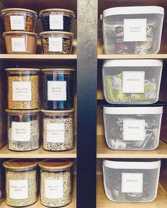 the pantry shelves are filled with different types of food and storage containers, labeled with labels on them