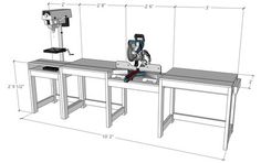 two workbenches are shown with measurements for the table top and side by side