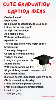 a graduation cap with the words cute graduation caption ideas in red and black on it