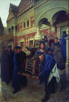 a painting of people standing in front of a building