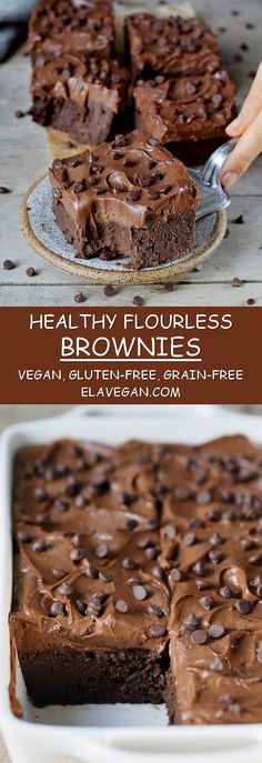 chocolate brownies are cut into squares and placed on a platter with a fork